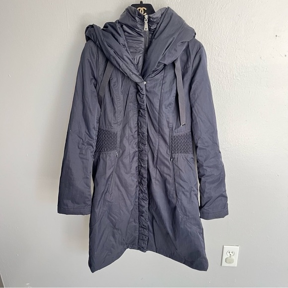 T Tahari Hooded Ribbed-Trim A-Line Jacket, Navy - Picture 6 of 14